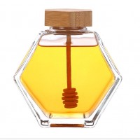 Wholesale 220ml 380ml Bamboo Cover Empty Hexagon Natural Royal Honey Jar Container Glass Honey Jar With Stirring Rod